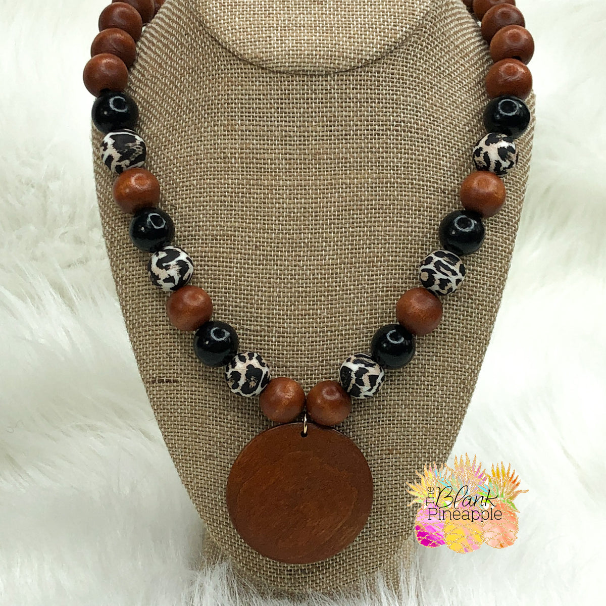 Large Wooden Bead Necklace with Leopard Silicone Bead and 2” Wood Disc