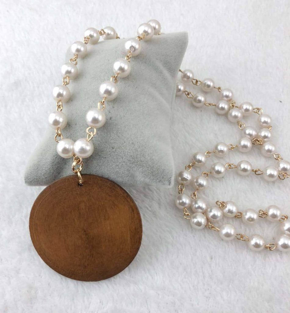 Wood Disc Necklace, Rosary Pearl Necklace with Wood Disc