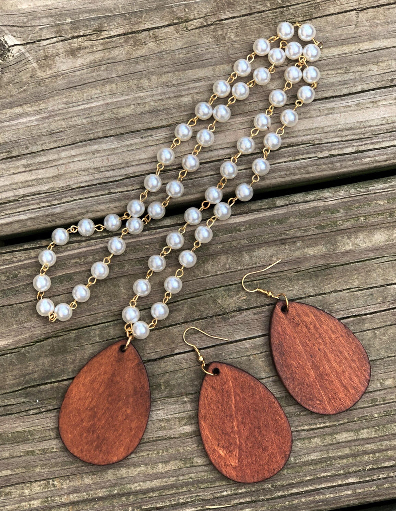 Wood Disc Necklace, Rosary Pearl necklace with Teardrop wood disc