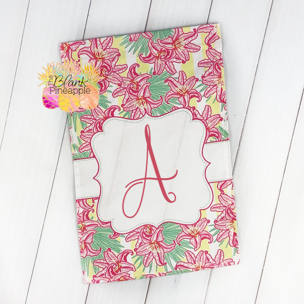 Garden Flag - Pink Lilies with Yellow Stripes 12x18 Polyester - Add Your Own Monogram Garden Flag