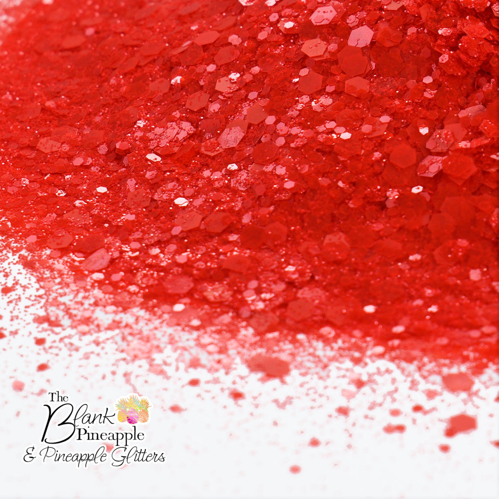 Candy Apple Red Glitter in Chunky Mix cut. Perfect for adding a smooth, shimmering finish to crafts, nails, or resin projects. Pineapple Glitters, The Blank Pineapple. 