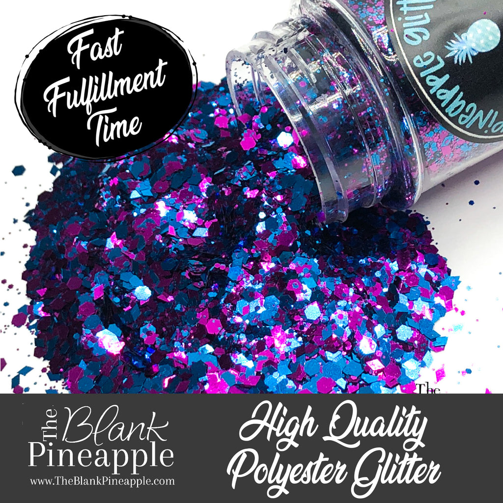 Carnival Glitter mix in shades of blue, purple, and pink. Perfect for adding a smooth, shimmering finish to crafts, nails, or resin projects. Pineapple Glitters, The Blank Pineapple. 