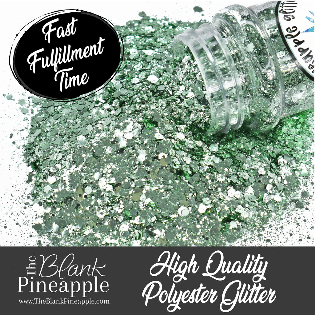 Green Metallic Glitter in Chunky Mix cut. Perfect for adding a smooth, shimmering finish to crafts, nails, or resin projects. Pineapple Glitters, The Blank Pineapple. 