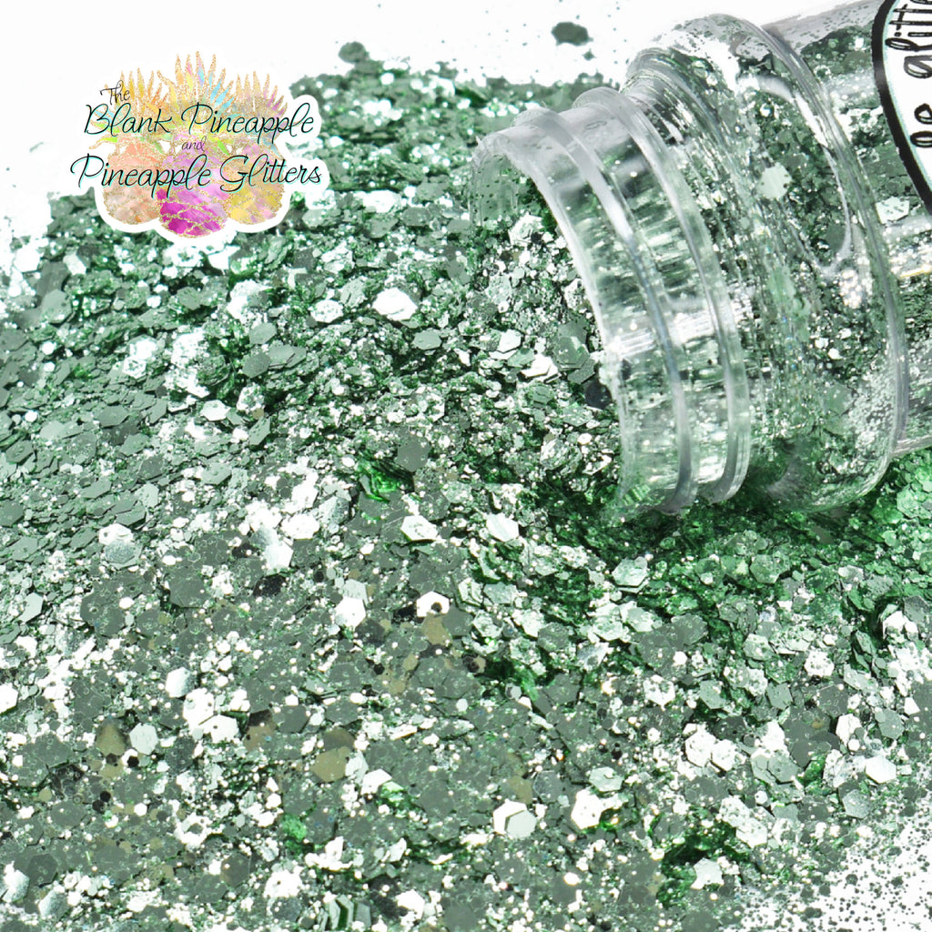 Green Metallic Glitter in Chunky Mix cut. Perfect for adding a smooth, shimmering finish to crafts, nails, or resin projects. Pineapple Glitters, The Blank Pineapple. 