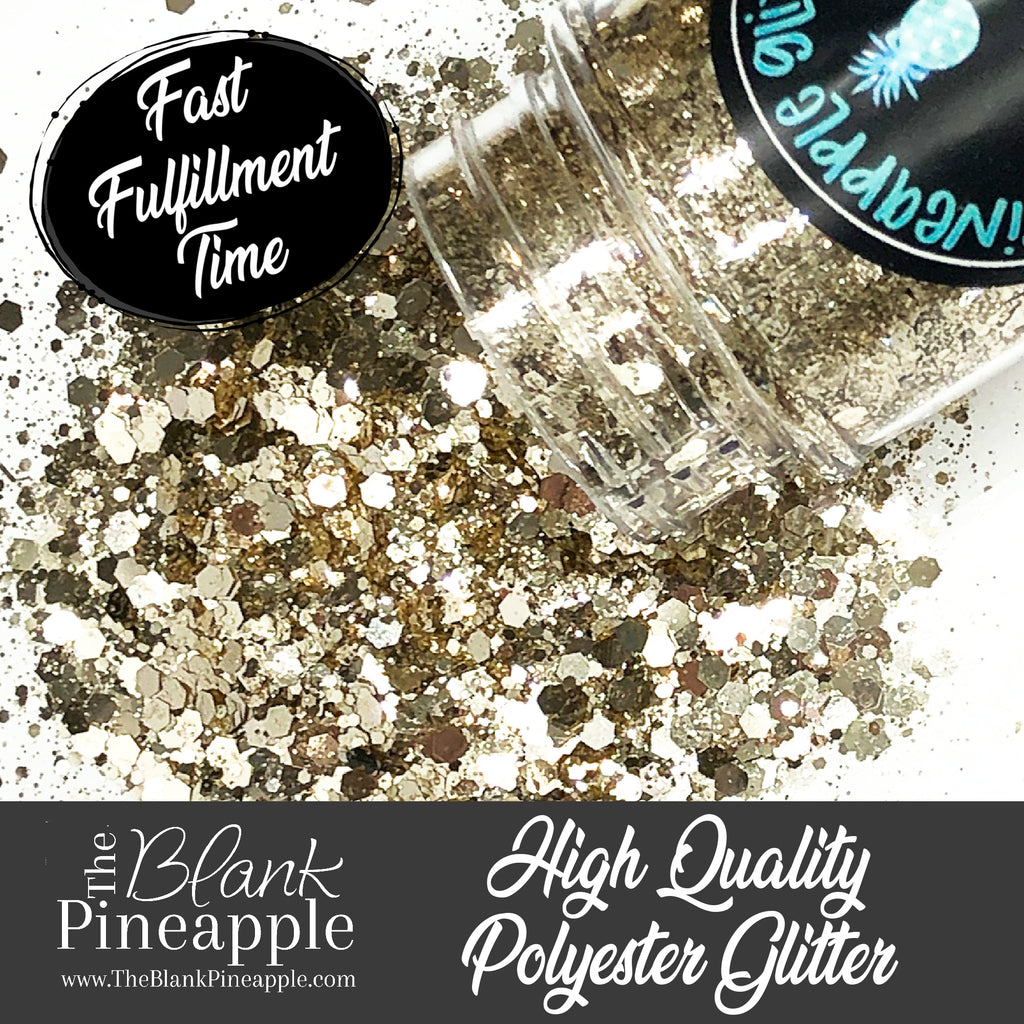 Champagne Light Gold Glitter in Chunky Mix cut. Perfect for adding a smooth, shimmering finish to crafts, nails, or resin projects. Pineapple Glitters, The Blank Pineapple. 