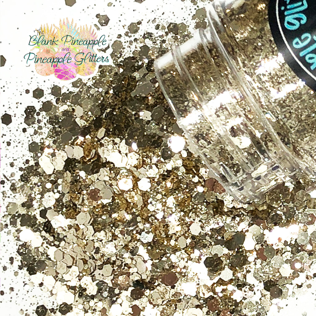 Champagne Light Gold Glitter in Chunky Mix cut. Perfect for adding a smooth, shimmering finish to crafts, nails, or resin projects. Pineapple Glitters, The Blank Pineapple. 