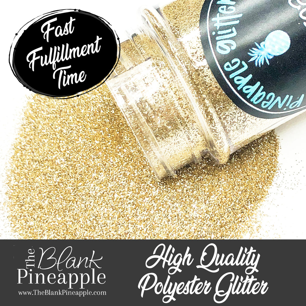 Champagne Gold Glitter in ultra fine cut. Perfect for adding a smooth, shimmering finish to crafts, nails, or resin projects. Pineapple Glitters, The Blank Pineapple. 