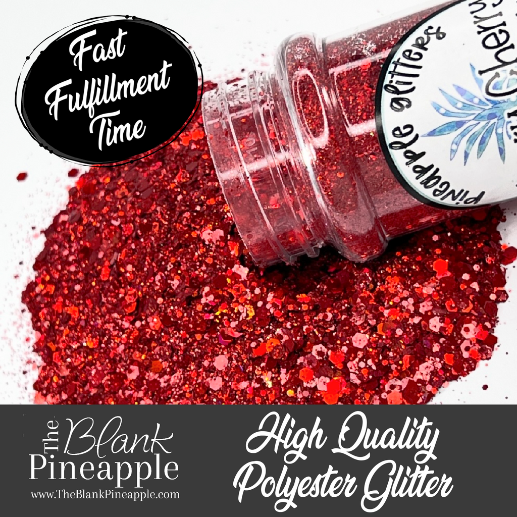 Cheery Cherry Red Holographic Glitter in Chunky Mix cut. Perfect for adding a smooth, shimmering finish to crafts, nails, or resin projects. Pineapple Glitters, The Blank Pineapple. 