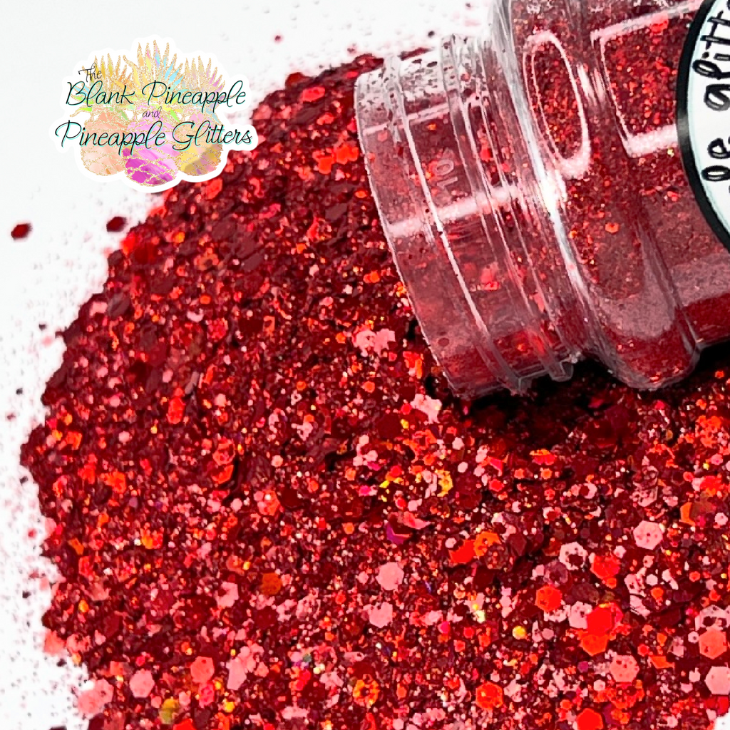 Cheery Cherry Red Holographic Glitter in Chunky Mix cut. Perfect for adding a smooth, shimmering finish to crafts, nails, or resin projects. Pineapple Glitters, The Blank Pineapple. 