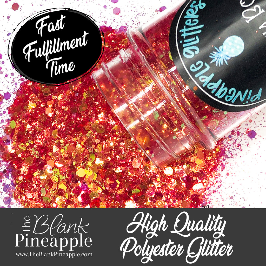 Cherry Bomb Red Iridescent Glitter in Chunky Mix cut. Perfect for adding a smooth, shimmering finish to crafts, nails, or resin projects. Pineapple Glitters, The Blank Pineapple. 