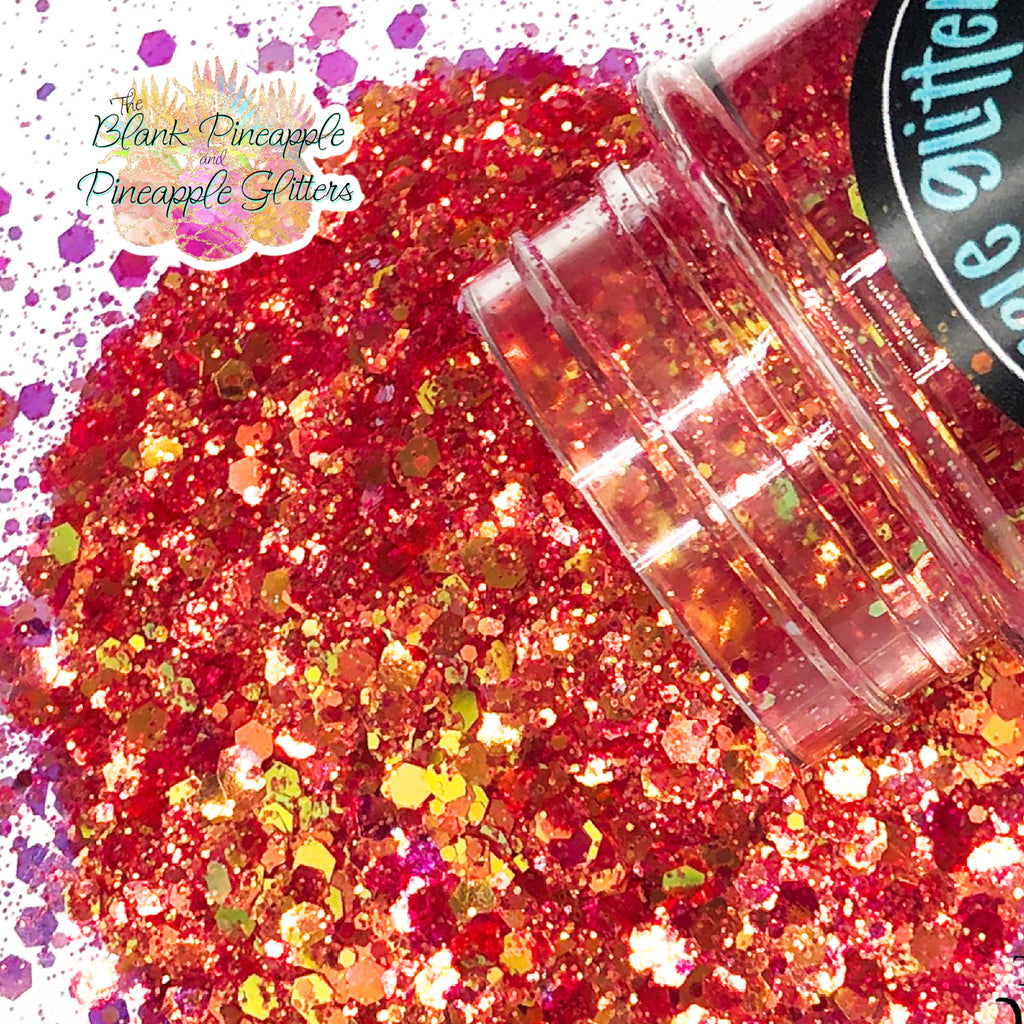 Cherry Bomb Red Iridescent Glitter in Chunky Mix cut. Perfect for adding a smooth, shimmering finish to crafts, nails, or resin projects. Pineapple Glitters, The Blank Pineapple. 