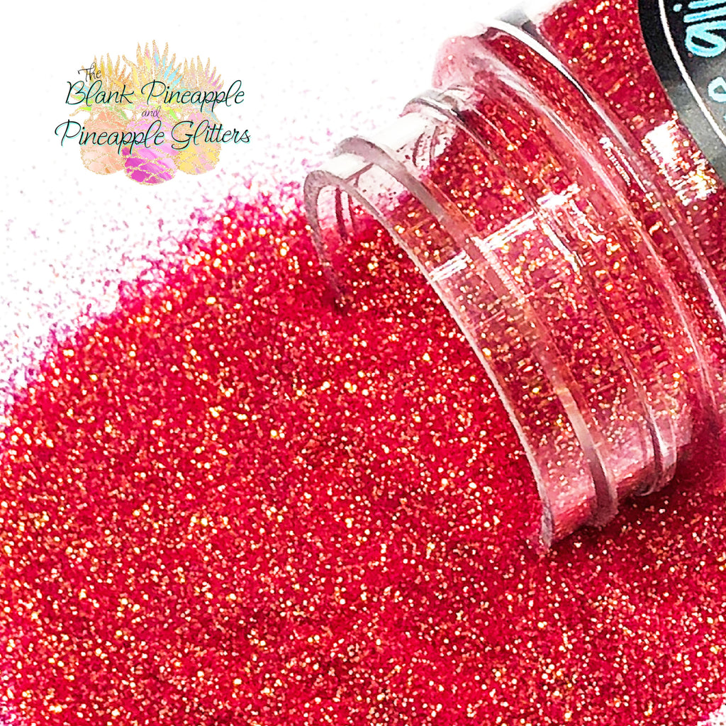 Cherry Bomb Red Iridescent Glitter in ultra fine cut. Perfect for adding a smooth, shimmering finish to crafts, nails, or resin projects. Pineapple Glitters, The Blank Pineapple. 