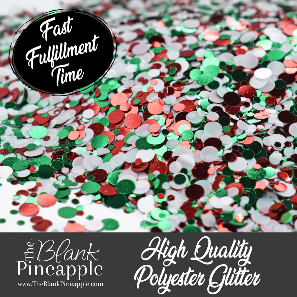 Christmas Cheer Mixed Dots confetti glitter, PET polyester, red, green, and white, 2oz shaker bottle for holiday crafts and decor.