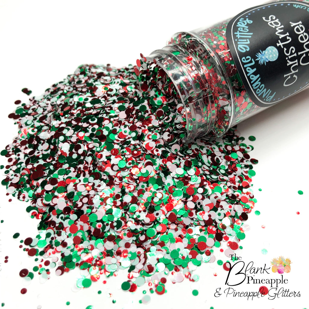 Christmas Cheer Mixed Dots confetti glitter, PET polyester, red, green, and white, 2oz shaker bottle for holiday crafts and decor.