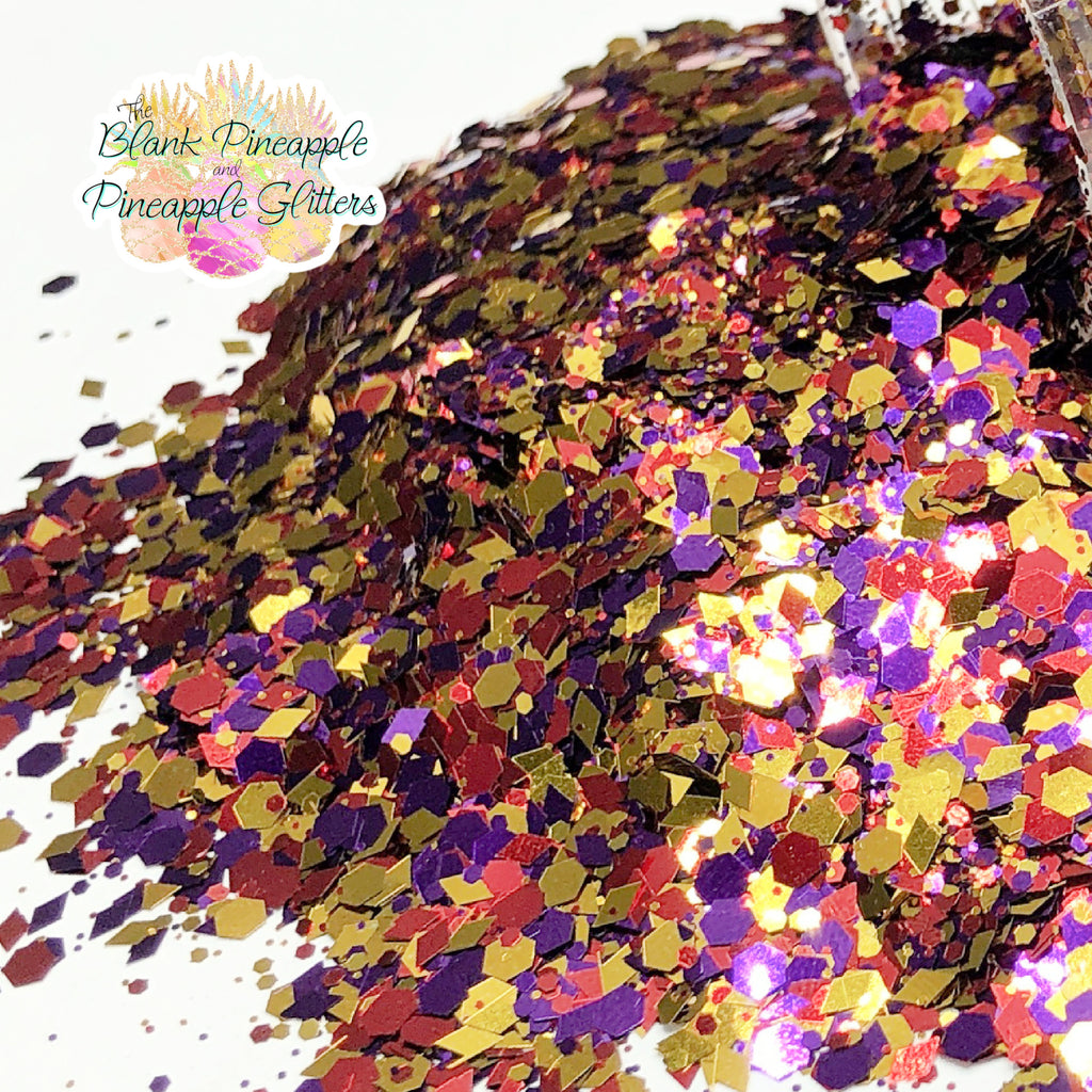 Circus mixed glitter, PET polyester, purple, yellow, and red in a 2oz shaker bottle, perfect for crafts and party decorations.