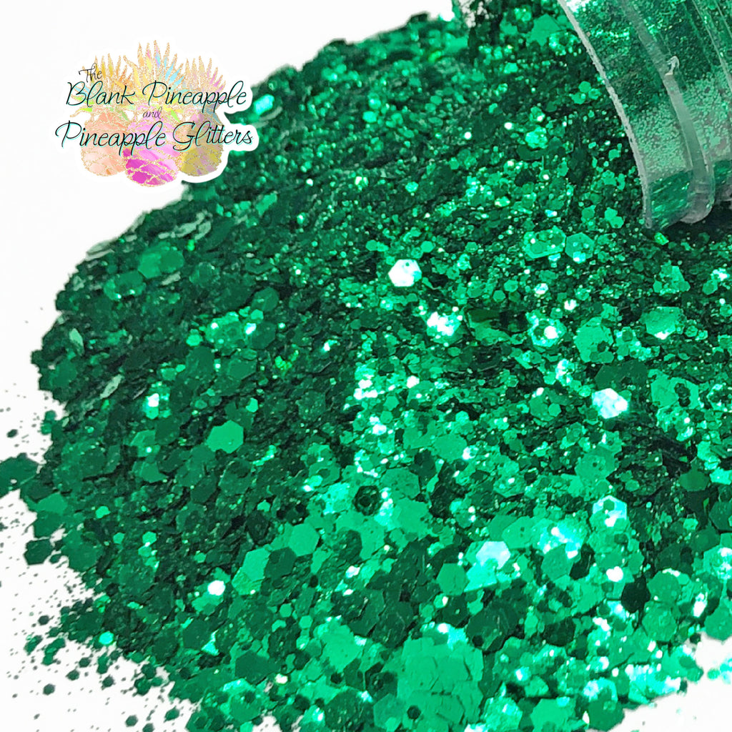 Clover green chunky mix metallic glitter, PET polyester, 2oz shaker bottle for crafts and resin projects. Pineapple Glitter, The Blank Pineapple