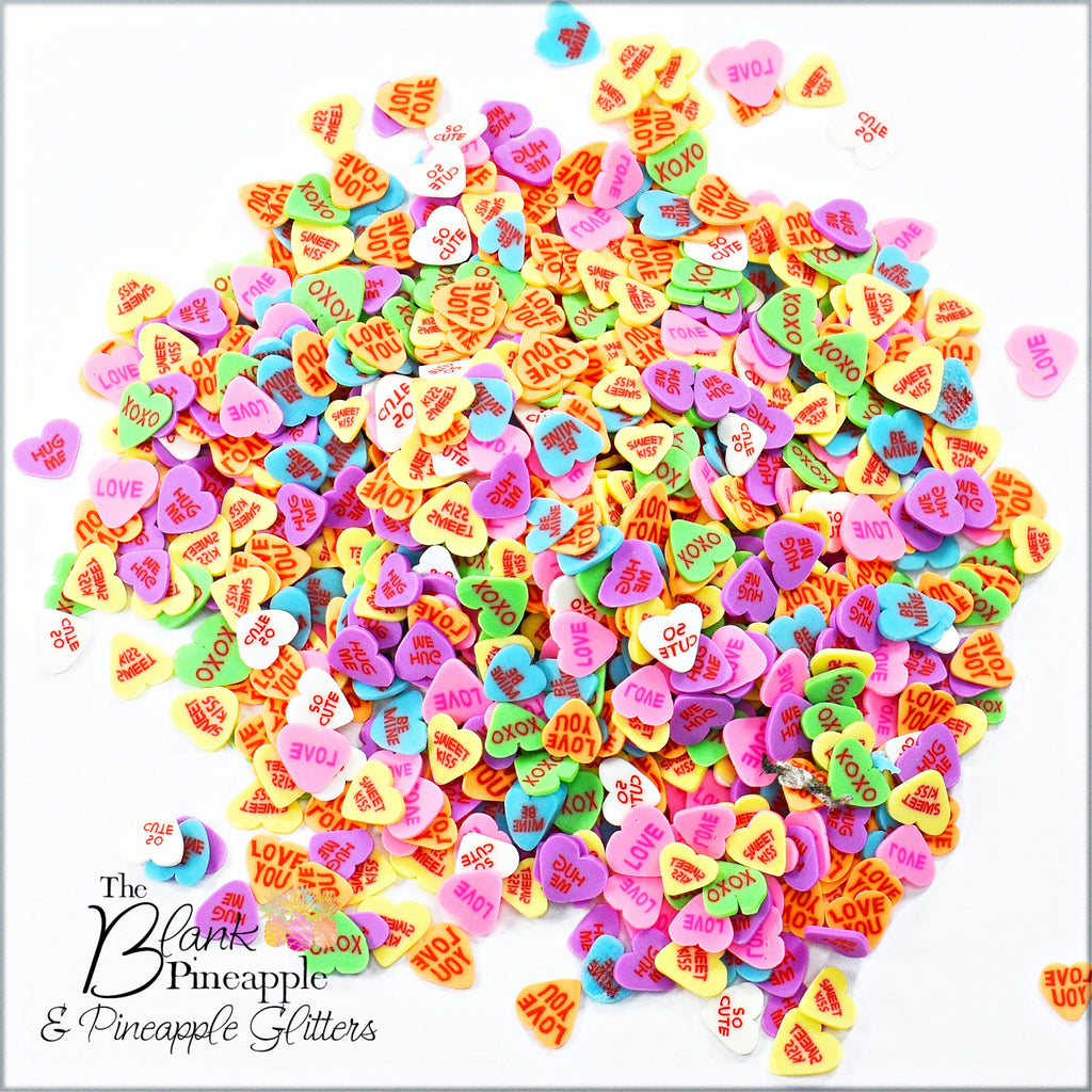 Conversation Hearts Polymer Clay Shapes in 2oz Resealable Bag - Valentine's Candy Theme - The Blank Pineapple