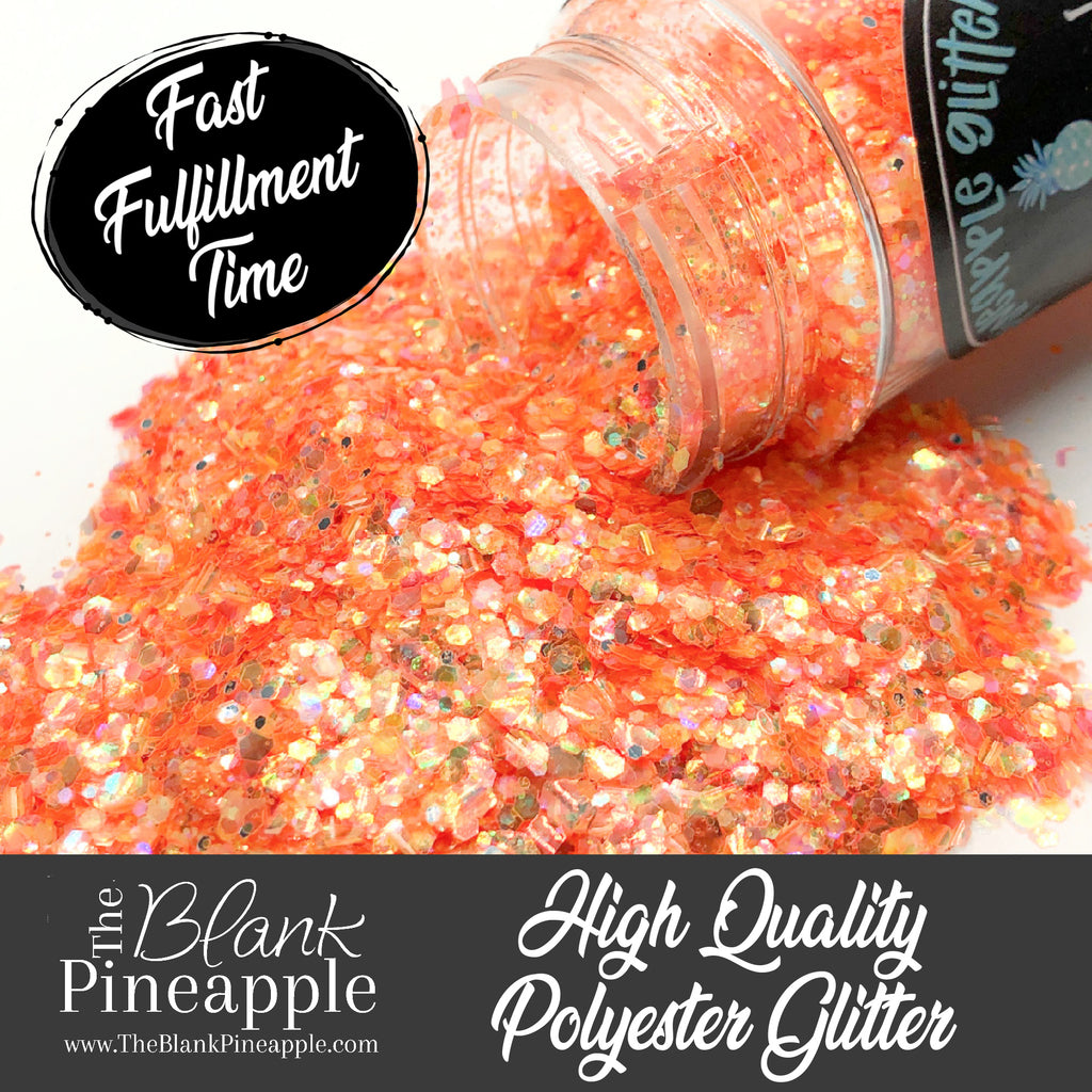 Crystal Peach iridescent mixed glitter in a 2oz shaker bottle, perfect for crafts, resin projects, and nail art. The Blank Pineapple