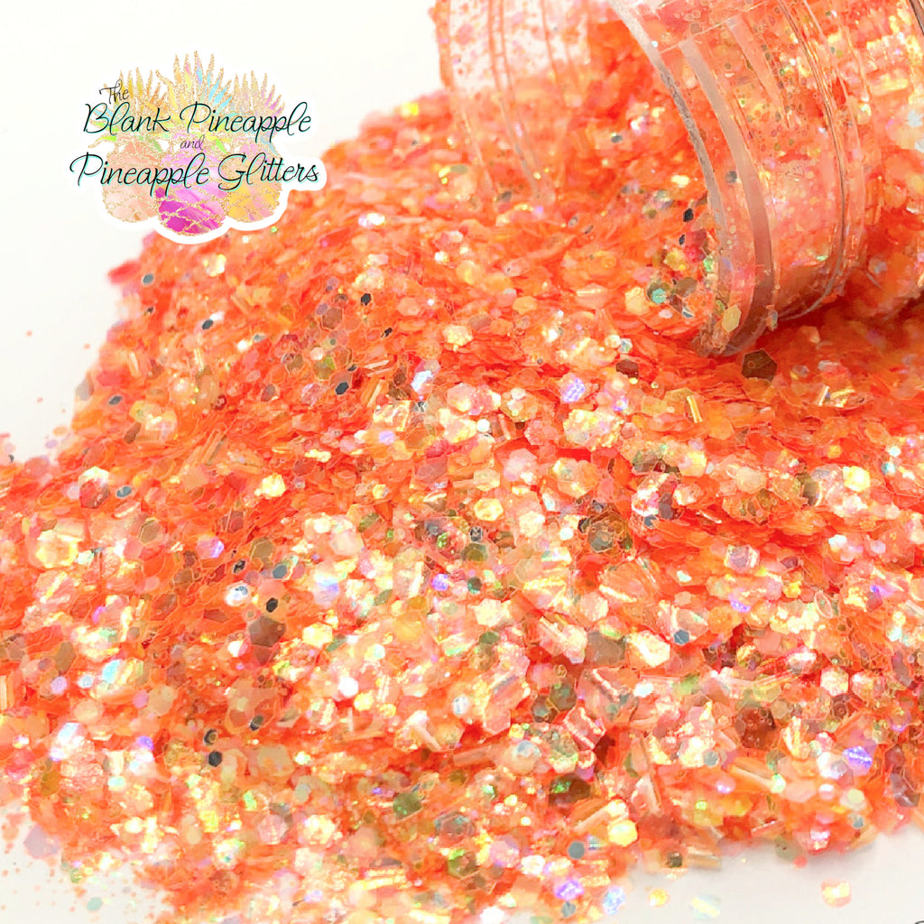 Crystal Peach iridescent mixed glitter in a 2oz shaker bottle, perfect for crafts, resin projects, and nail art. The Blank Pineapple