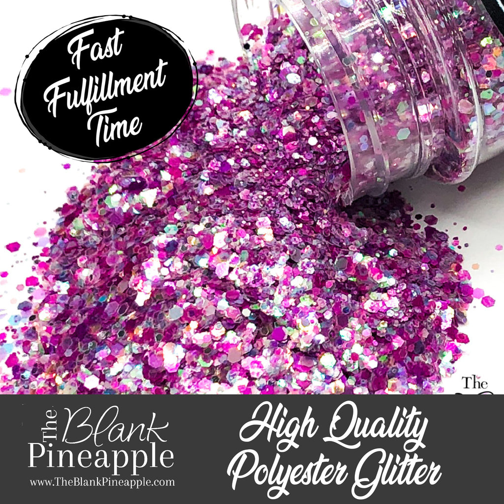 Crystal Pink iridescent mixed glitter in a 2oz shaker bottle, perfect for crafts, resin projects, and nail art. The Blank Pineapple