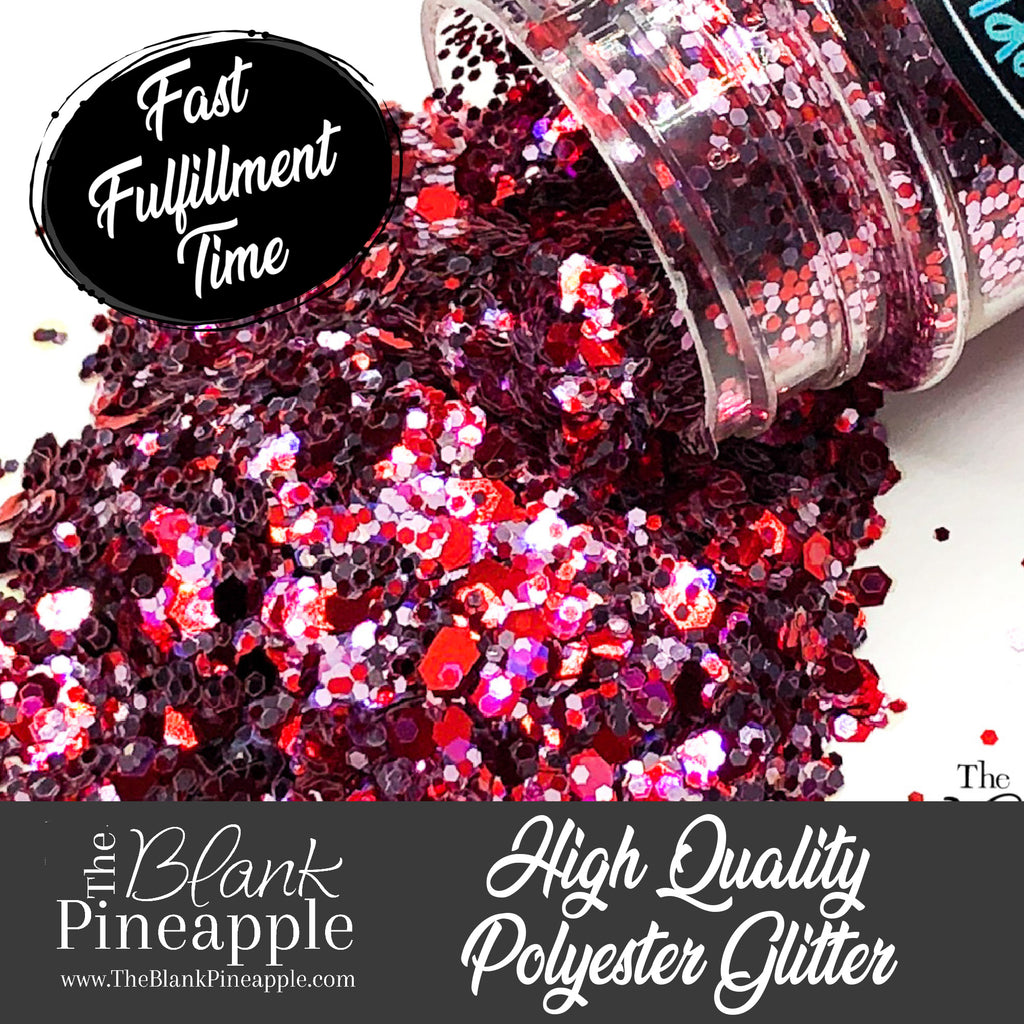 Cupid mixed glitter in red and pink, PET polyester, 2oz shaker bottle for crafts and Valentine's Day projects. The Blank Pineapple