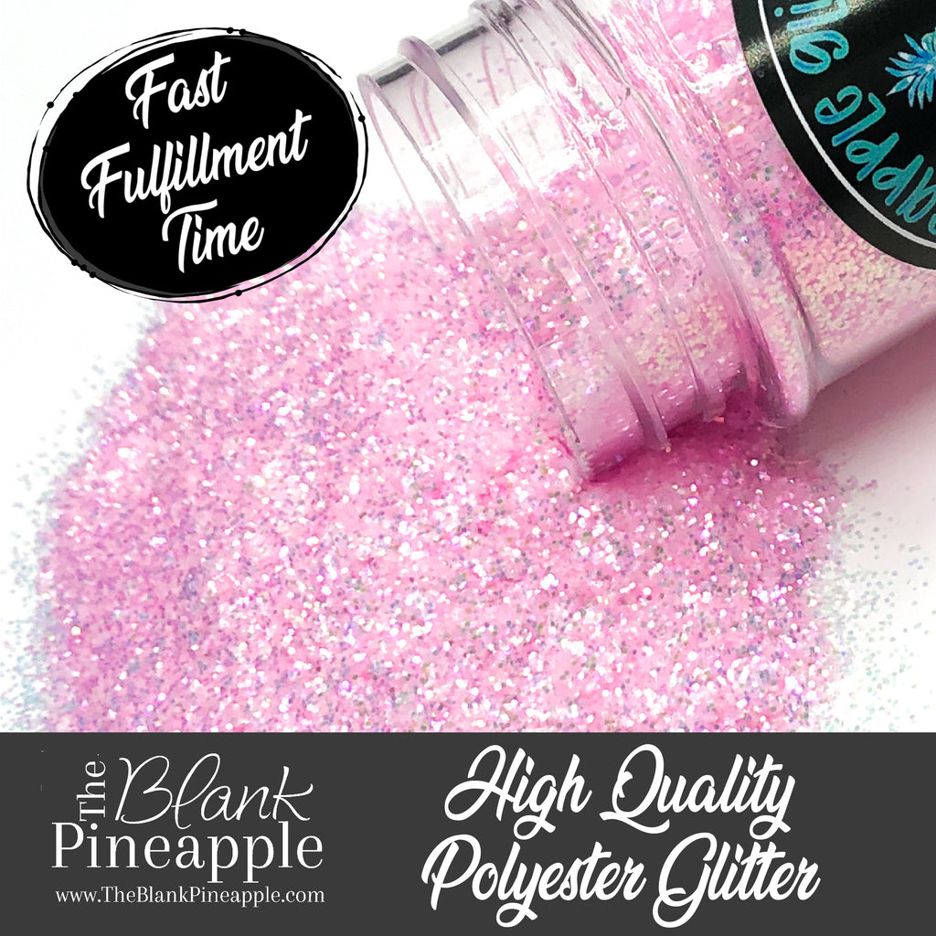 Emilee pink fine cut high sparkling iridescent glitter, PET polyester, 2oz shaker bottle for resin projects, tumblers, and nail art. The Blank Pineapple