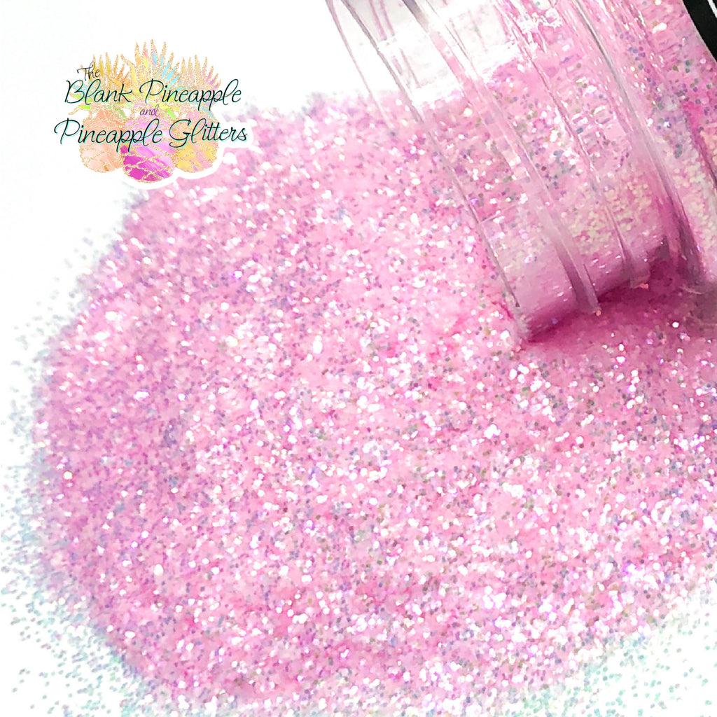 Emilee pink fine cut high sparkling iridescent glitter, PET polyester, 2oz shaker bottle for resin projects, tumblers, and nail art. The Blank Pineapple