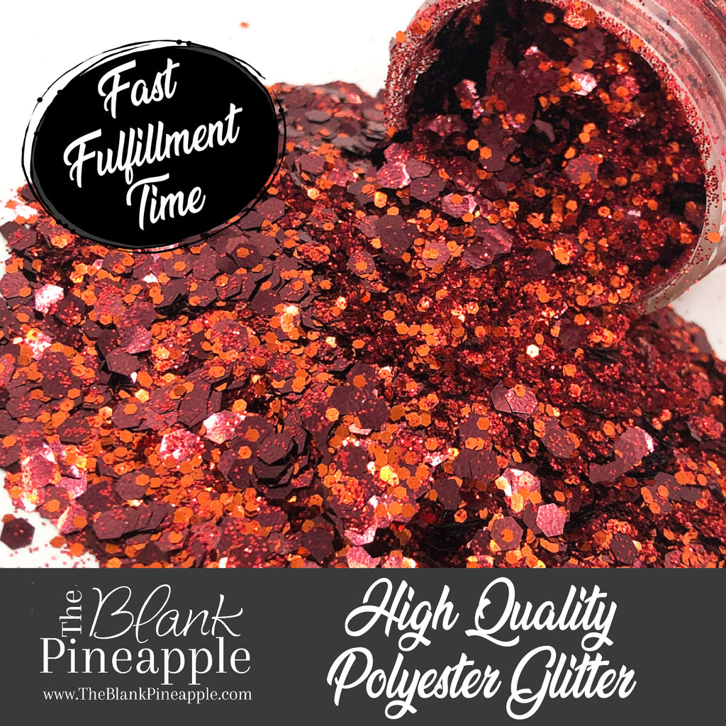 Ginger mixed glitter in fall colors (oranges and reds), PET polyester, 2oz shaker bottle for crafts, resin art, and nail designs. The Blank Pineapple