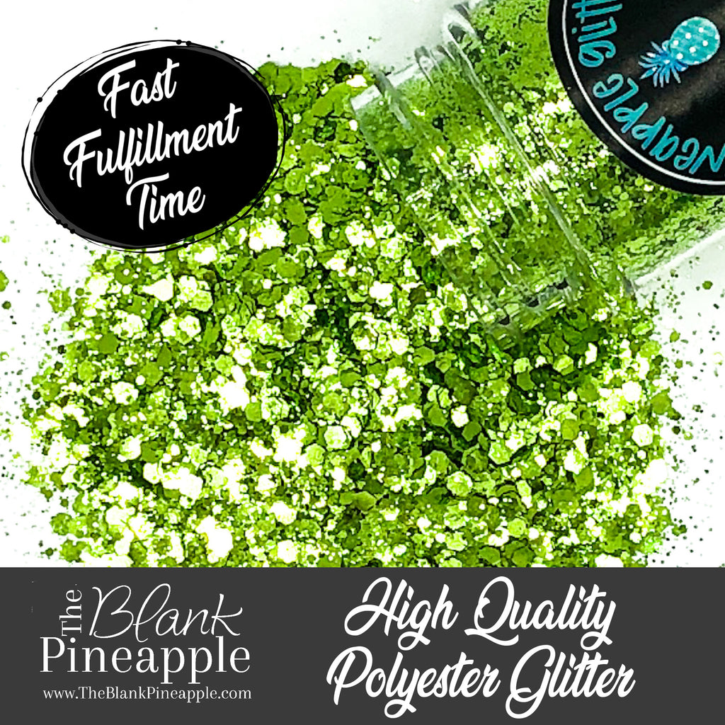 Greench chunky mix metallic lime green glitter, PET polyester, 2oz shaker bottle for resin projects, tumblers, and nail art. The Blank Pineapple.