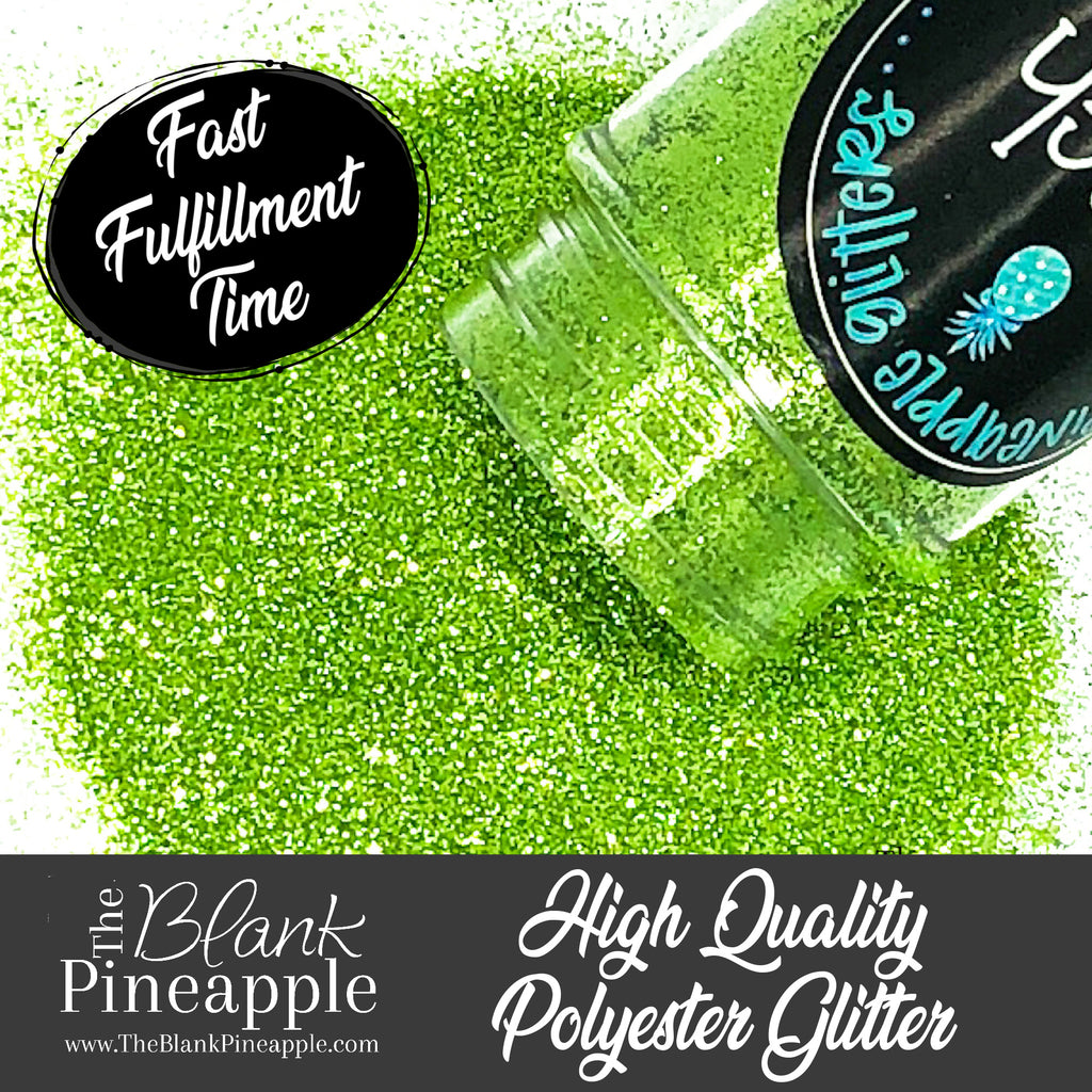 Greench metallic lime green glitter, PET polyester, 2oz shaker bottle for resin projects, tumblers, and nail art. The Blank Pineapple.