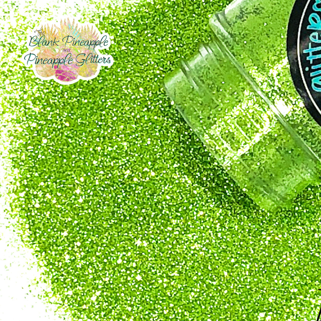 Greench metallic lime green glitter, PET polyester, 2oz shaker bottle for resin projects, tumblers, and nail art. The Blank Pineapple.