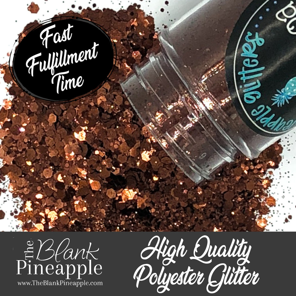 Hot Cocoa chunky mix metallic brown glitter, PET polyester, 2oz shaker bottle for resin projects, tumblers, and nail art. The Blank Pineapple.