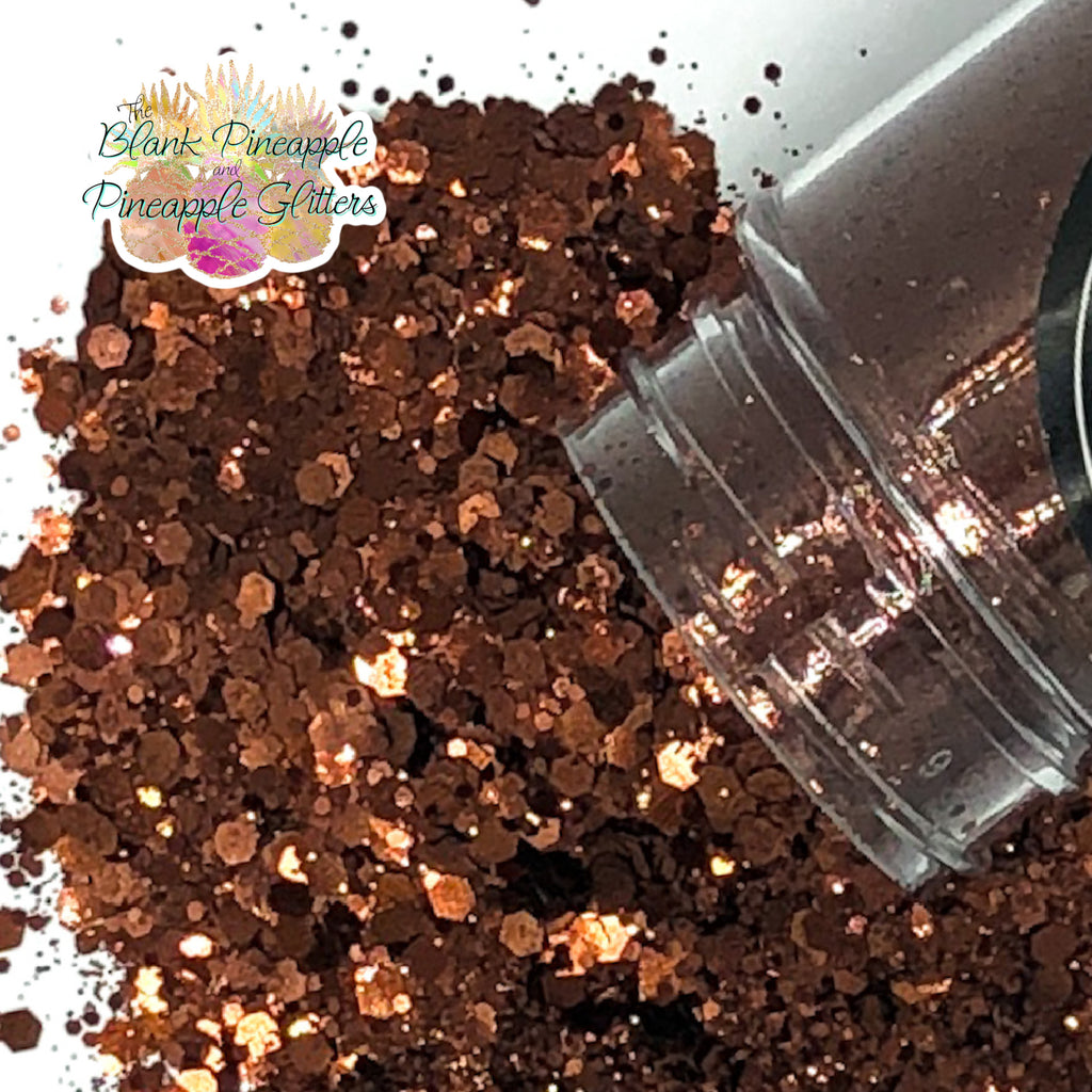 Hot Cocoa chunky mix metallic brown glitter, PET polyester, 2oz shaker bottle for resin projects, tumblers, and nail art. The Blank Pineapple.