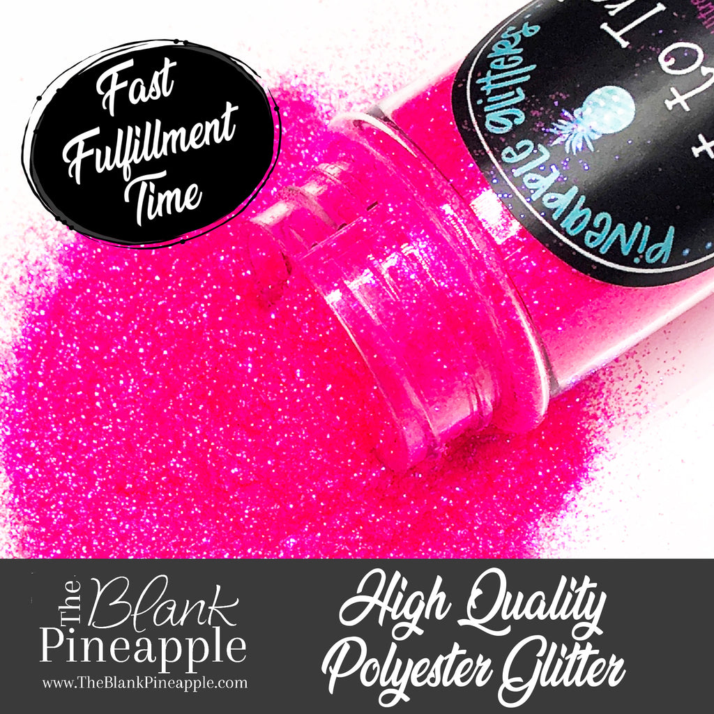 Hot to Trot high sparkling iridescent hot pink glitter, PET polyester, 2oz shaker bottle for resin projects, tumblers, and nail art. The Blank Pineapple.