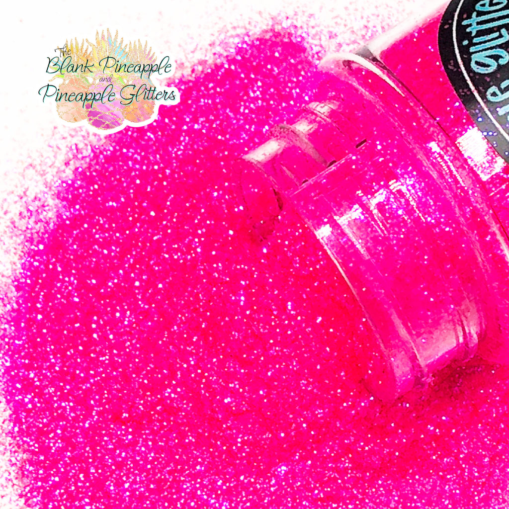 Hot to Trot high sparkling iridescent hot pink glitter, PET polyester, 2oz shaker bottle for resin projects, tumblers, and nail art. The Blank Pineapple.