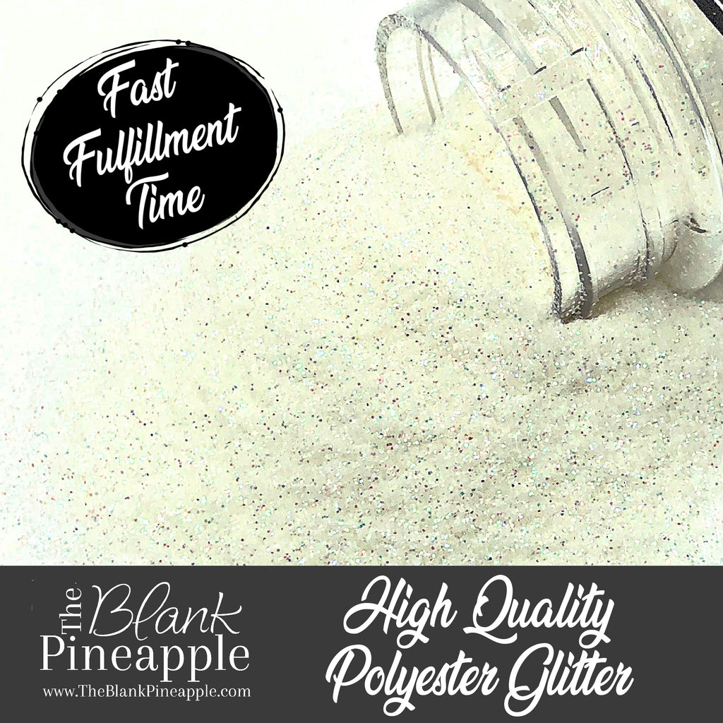 Icicle fine cut iridescent white glitter, PET polyester, 2oz shaker bottle for resin projects, tumblers, and holiday crafts. The Blank Pineapple.