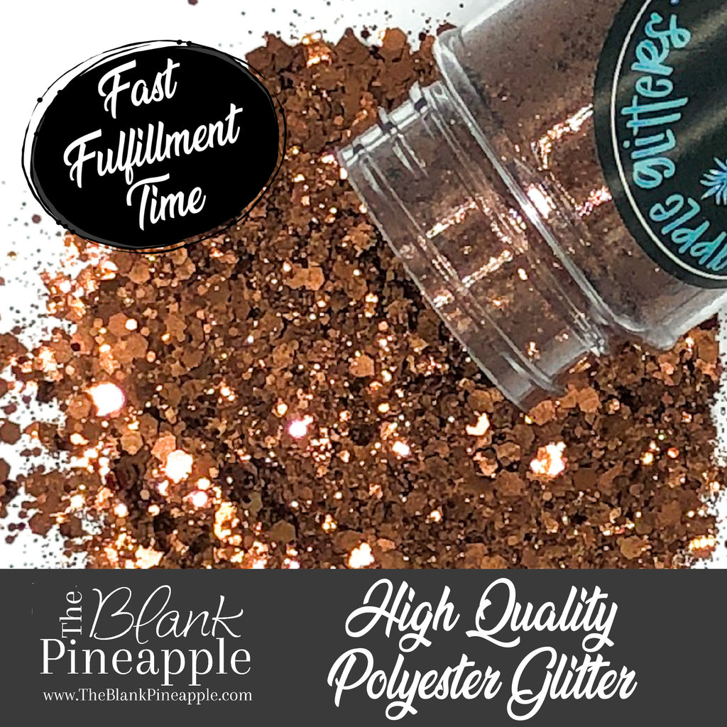 Italian Roast chunky mix metallic brown glitter, PET polyester, 2oz shaker bottle for resin projects, tumblers, and nail art. The Blank Pineapple.