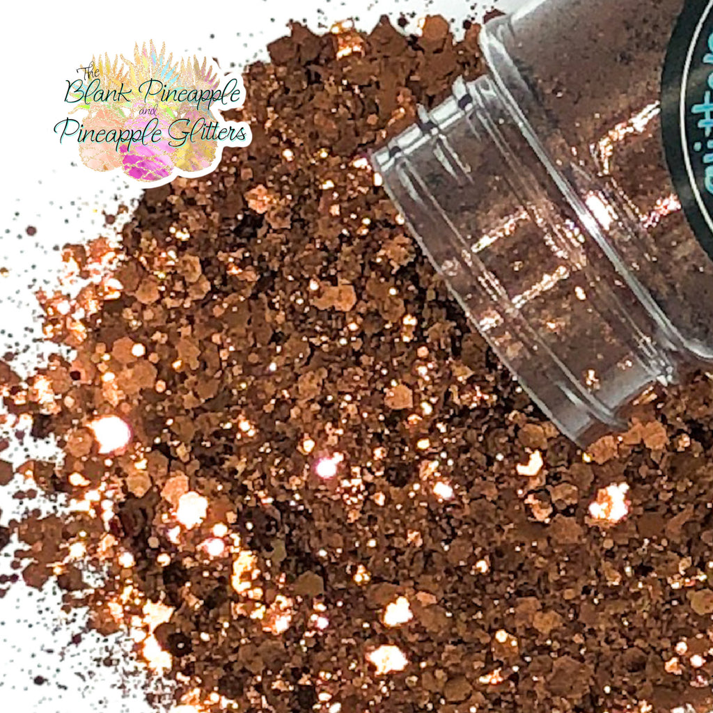 Italian Roast chunky mix metallic brown glitter, PET polyester, 2oz shaker bottle for resin projects, tumblers, and nail art. The Blank Pineapple.