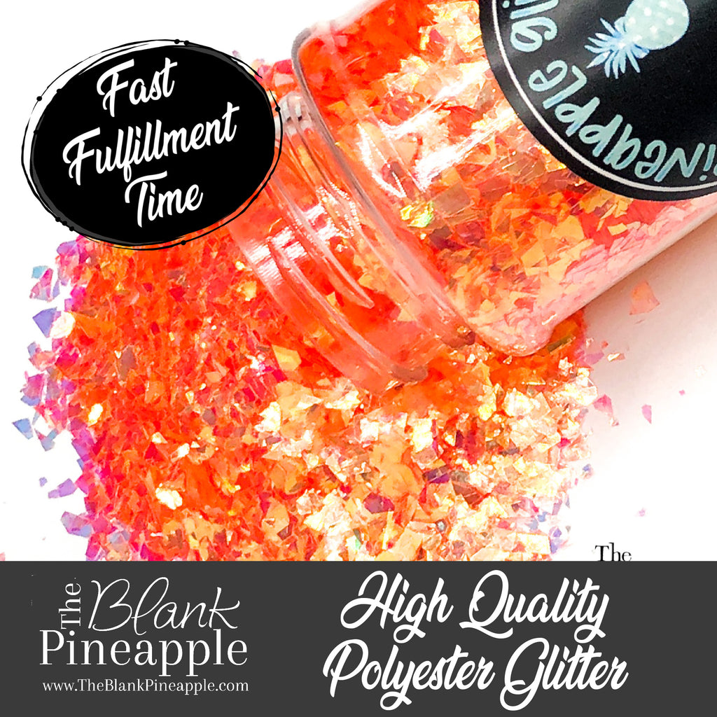 Juicy irregular cut high sparkling iridescent peach glitter, PET polyester, 2oz shaker bottle for resin projects, tumblers, and nail art. The Blank Pineapple.