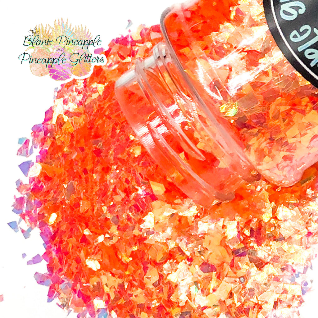 Juicy irregular cut high sparkling iridescent peach glitter, PET polyester, 2oz shaker bottle for resin projects, tumblers, and nail art. The Blank Pineapple.