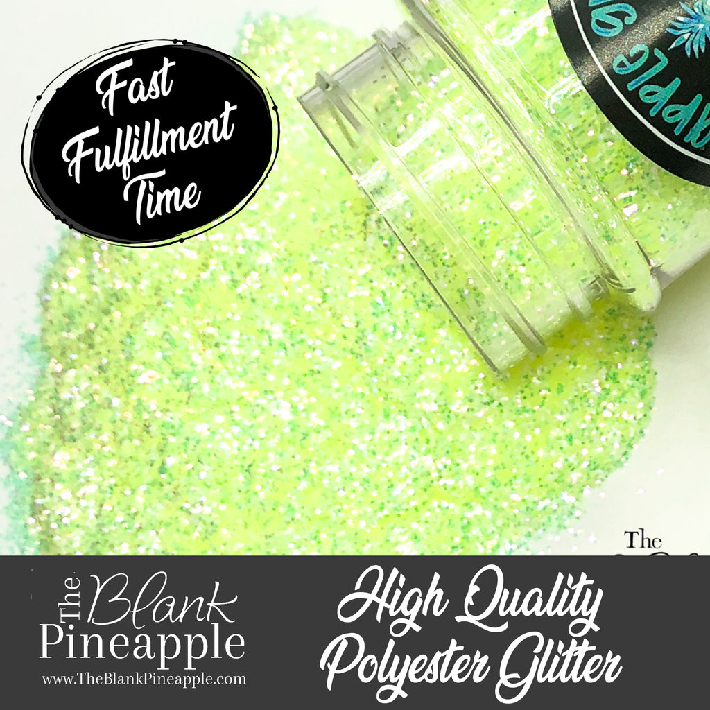 KK fine cut high sparkling iridescent yellow glitter with hints of green, 2oz shaker bottle for resin projects, tumblers, and nail art. The Blank Pineapple