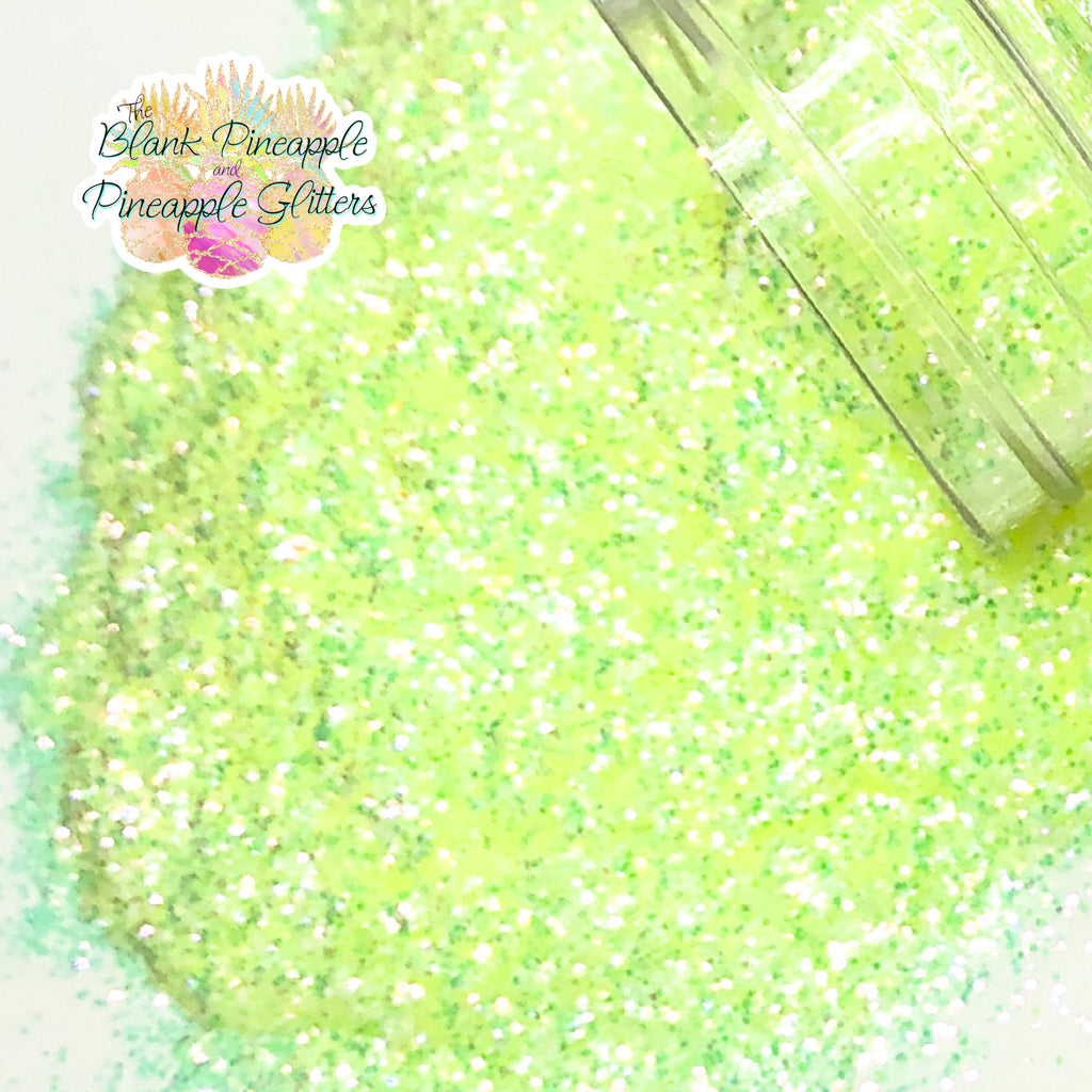 KK fine cut high sparkling iridescent yellow glitter with hints of green, 2oz shaker bottle for resin projects, tumblers, and nail art. The Blank Pineapple