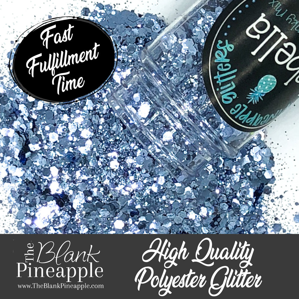 Labella chunky mix metallic light blue glitter, PET polyester, 2oz shaker bottle for resin projects, tumblers, and nail art. The Blank Pineapple