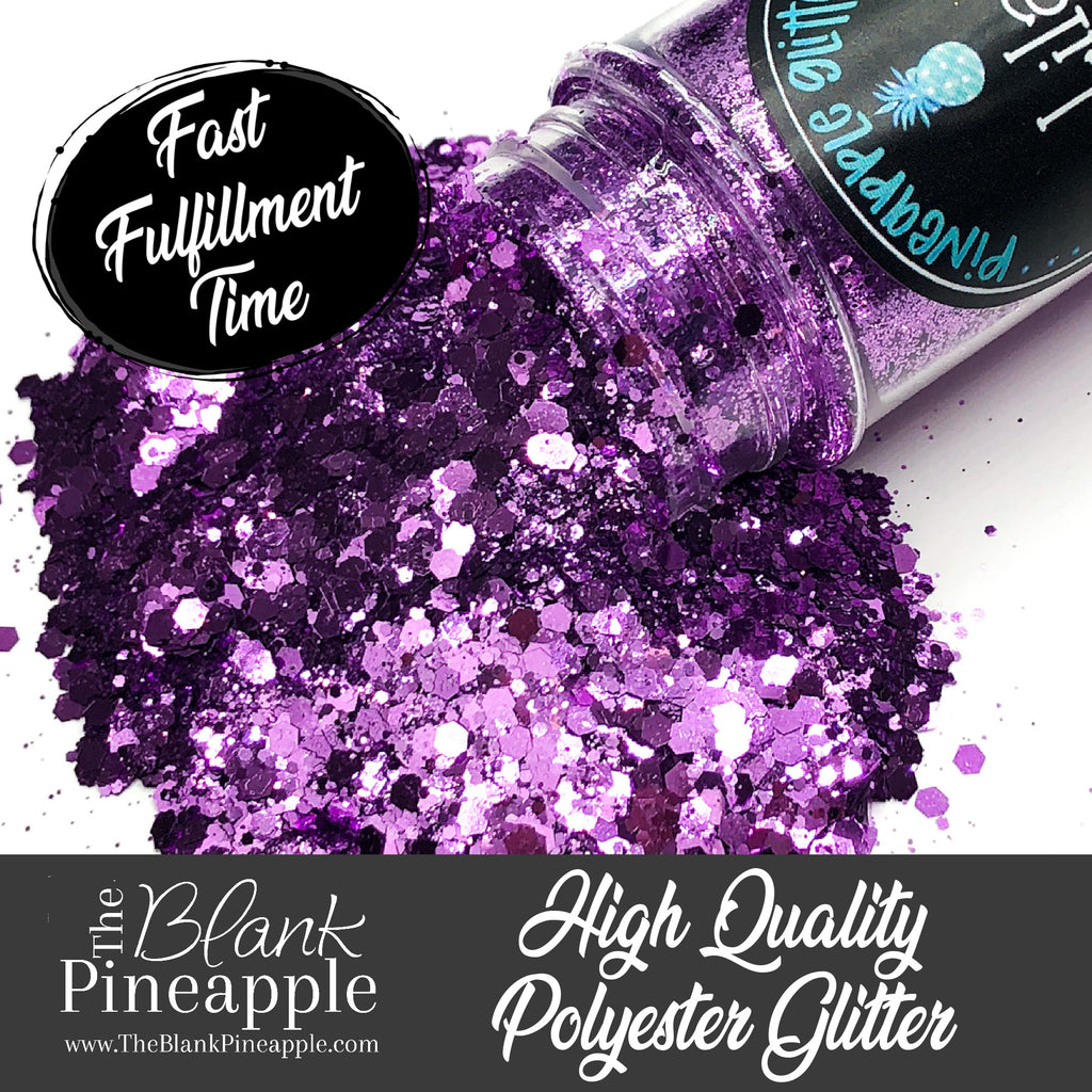 Lilac chunky mix metallic purple glitter, PET polyester, 2oz shaker bottle for resin projects, tumblers, and nail art. The Blank Pineapple