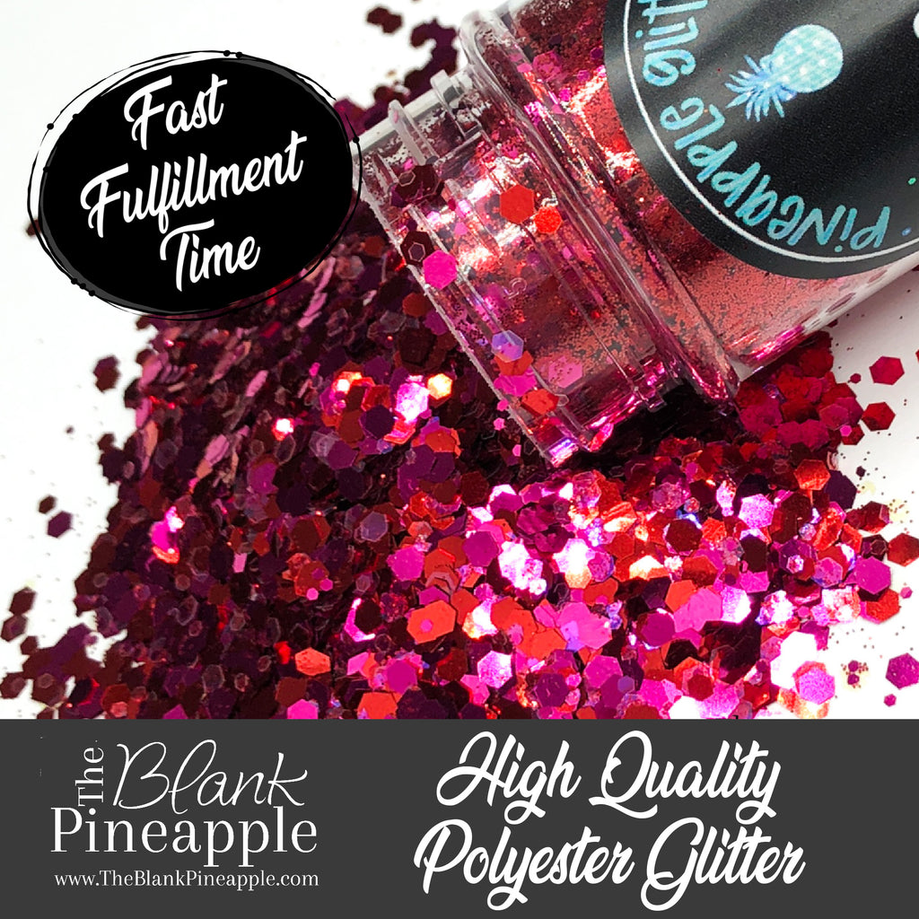 Love Spell mixed glitter, PET polyester, 2oz shaker bottle with red and pink glitter for resin projects, tumblers, and nail art. The Blank Pineapple.