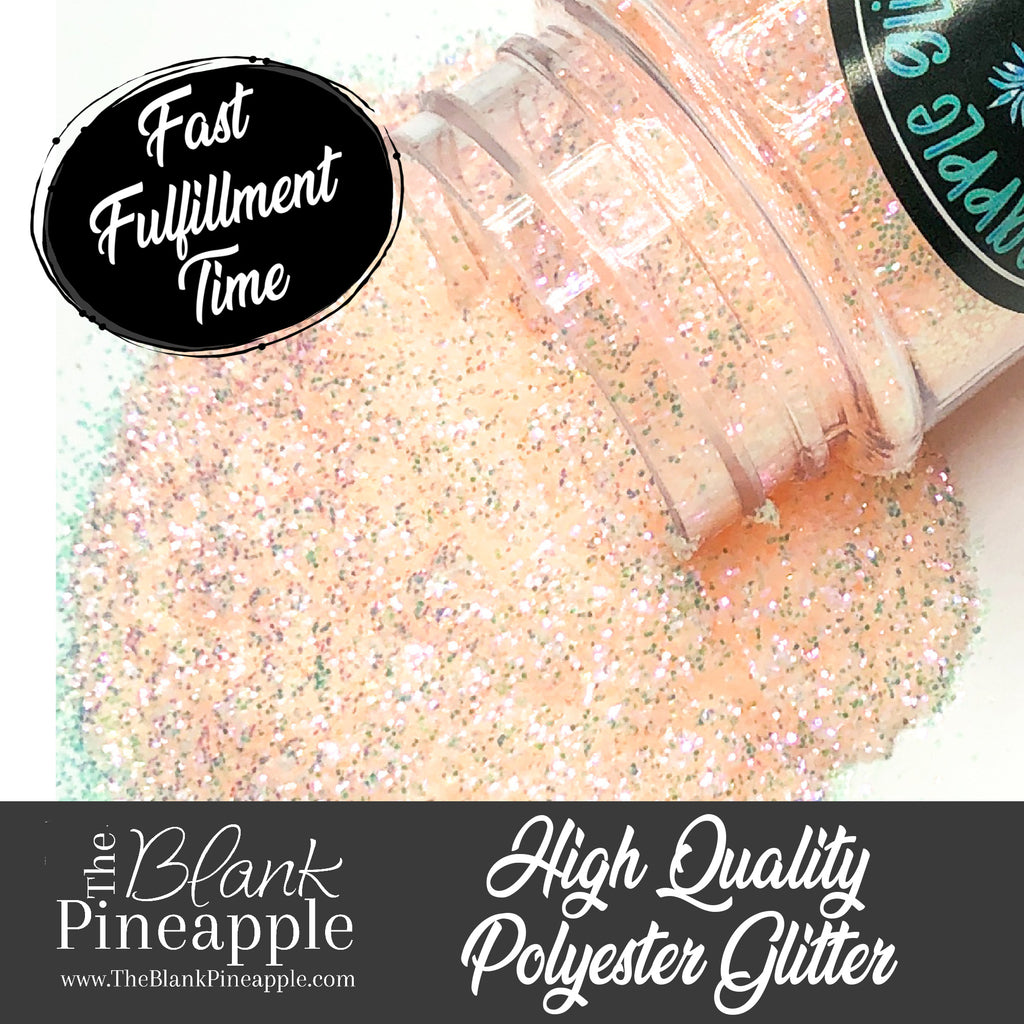 Macie fine cut high sparkling iridescent glitter, peach with hints of green, PET polyester, 2oz shaker bottle for resin projects, tumblers, and nail art. The Blank Pineapple