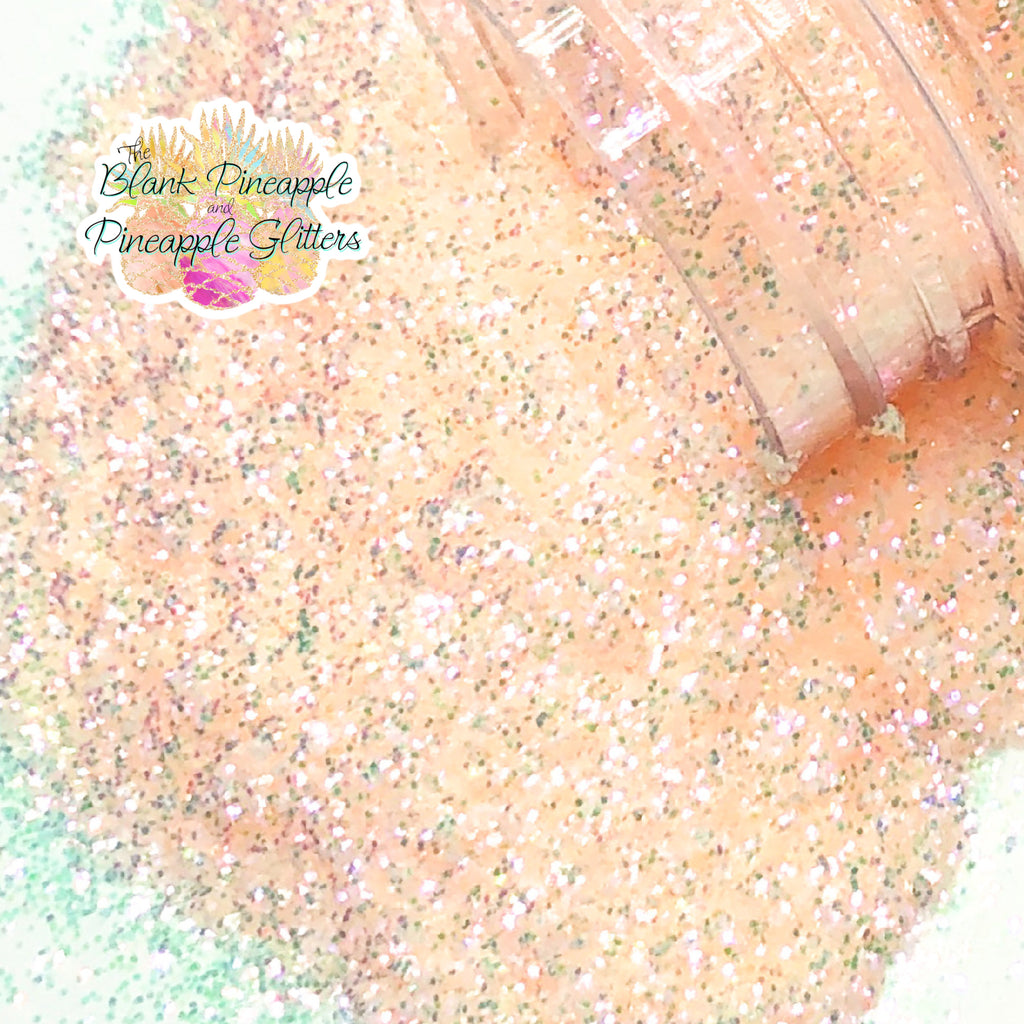 Macie fine cut high sparkling iridescent glitter, peach with hints of green, PET polyester, 2oz shaker bottle for resin projects, tumblers, and nail art. The Blank Pineapple