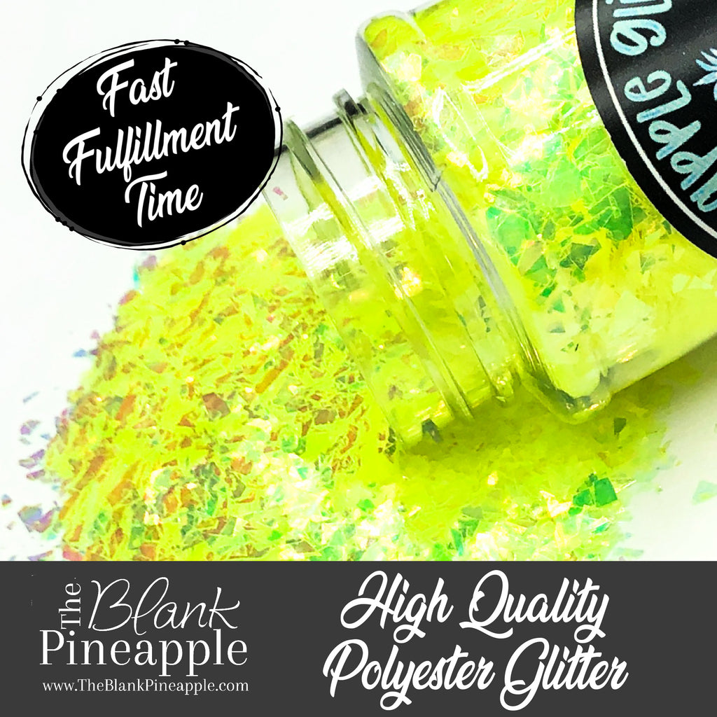 Margarita irregular cut high sparkling iridescent yellow glitter with hints of green, PET polyester, 2oz shaker bottle for resin projects and crafts. The Blank Pineapple.