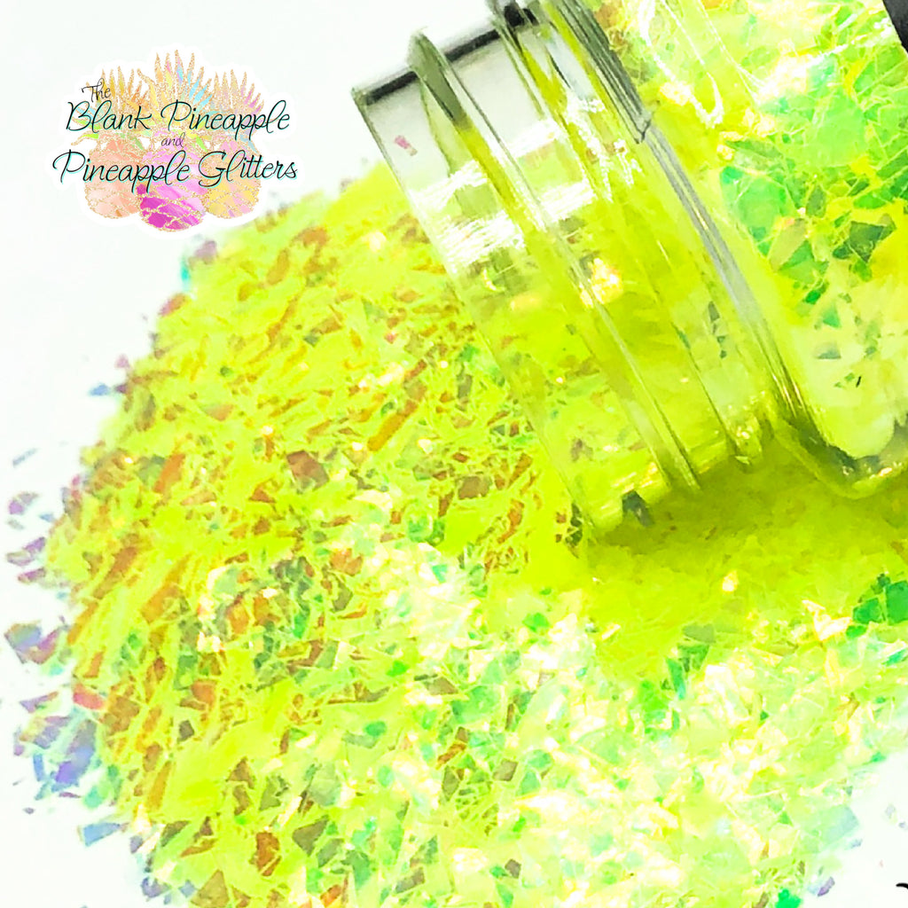 Margarita irregular cut high sparkling iridescent yellow glitter with hints of green, PET polyester, 2oz shaker bottle for resin projects and crafts. The Blank Pineapple.