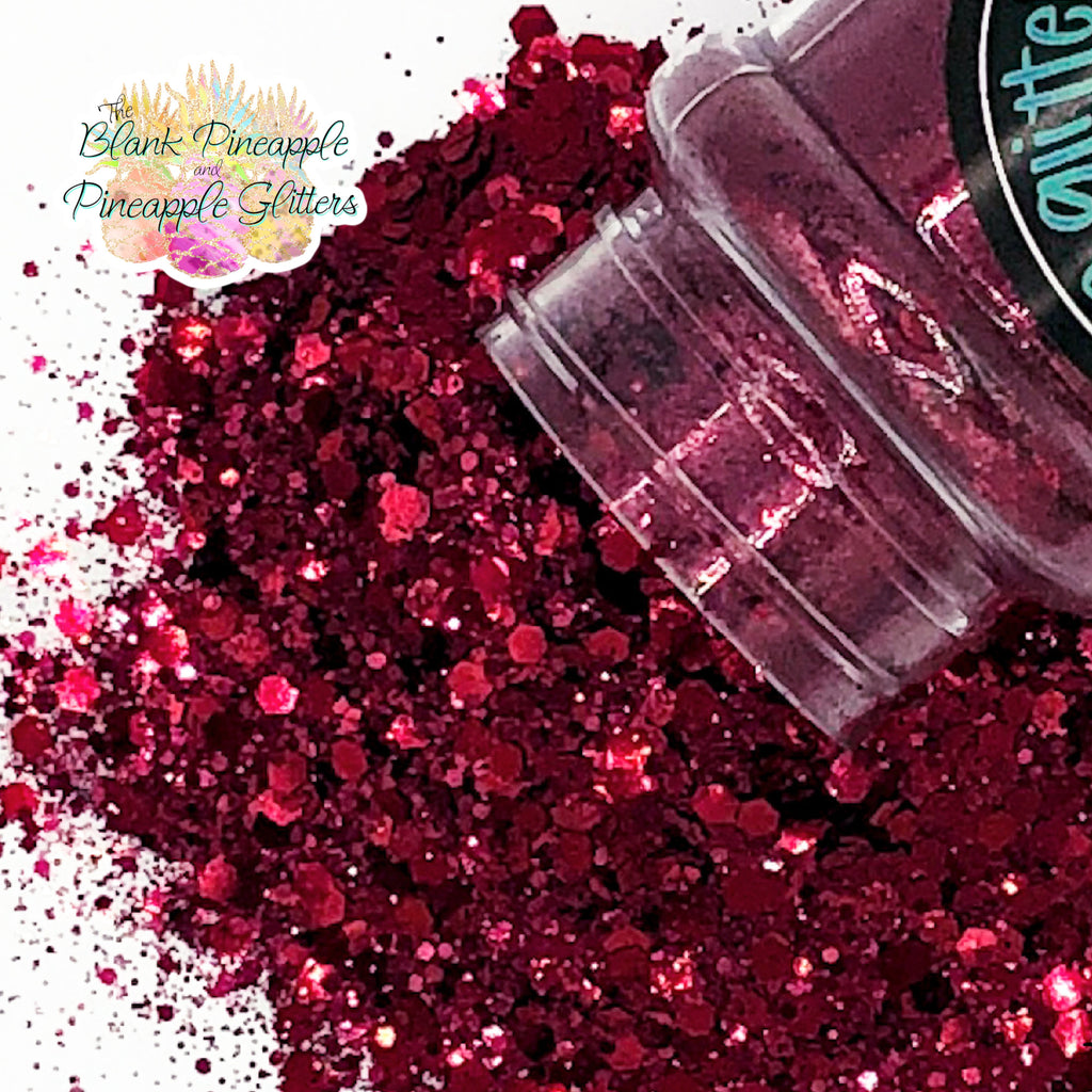 Merlot chunky mix metallic maroon glitter, PET polyester, 2oz shaker bottle for resin projects, tumblers, and nail art. The Blank Pineapple.